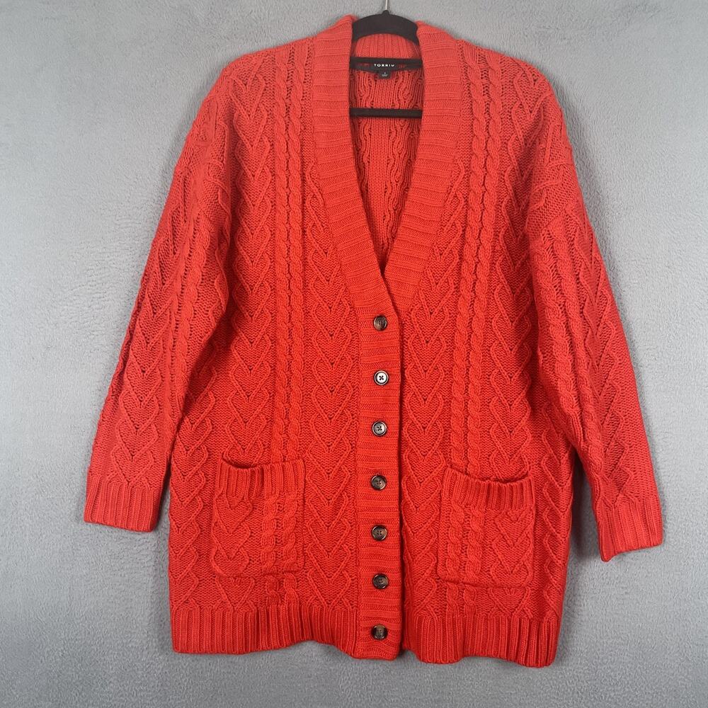 Torrid Sweater Womens 1X Red Cable Knit Button Front Long Cardigan Pockets